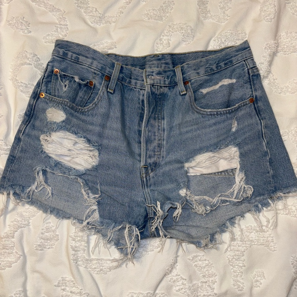 Levi's 501 Distressed Light Blue Denim Shorts